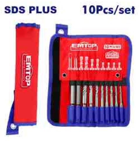 Professional 10 Piece SDS Plus Hammer Drill Bits Chisels Set - Sizes 6X160 8X160 10X160 8X210 10X210 12X210 14X210 16X210 14X250 Canvas Bag